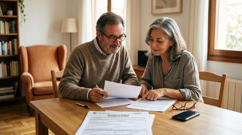 Pareja leyendo requisitos e información para subsidio para mayores de 52 años