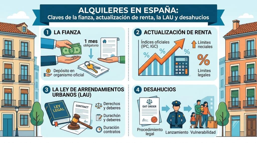 Infografía sobre fianza, actualización de renta, LAU y desahucios en España.