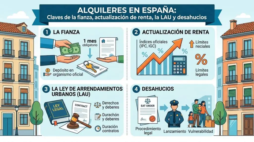 Infografía sobre fianza, actualización de renta, LAU y desahucios en España.