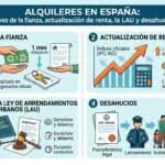 Infografía sobre fianza, actualización de renta, LAU y desahucios en España.