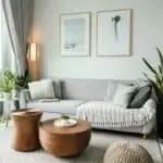Sala moderna con sofá gris, mesas de madera y plantas verdes.