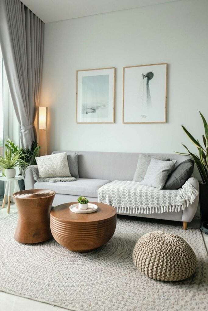 Sala moderna con sofá gris, mesas de madera y plantas verdes.