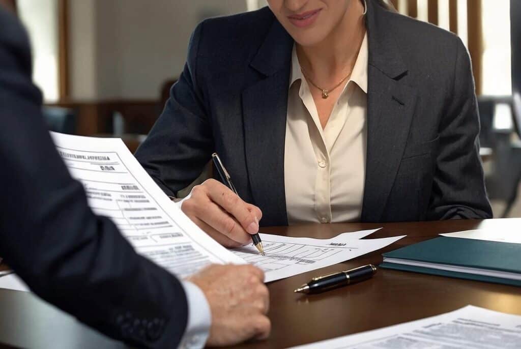 Profesional firma documentos de compraventa ante un escritorio.